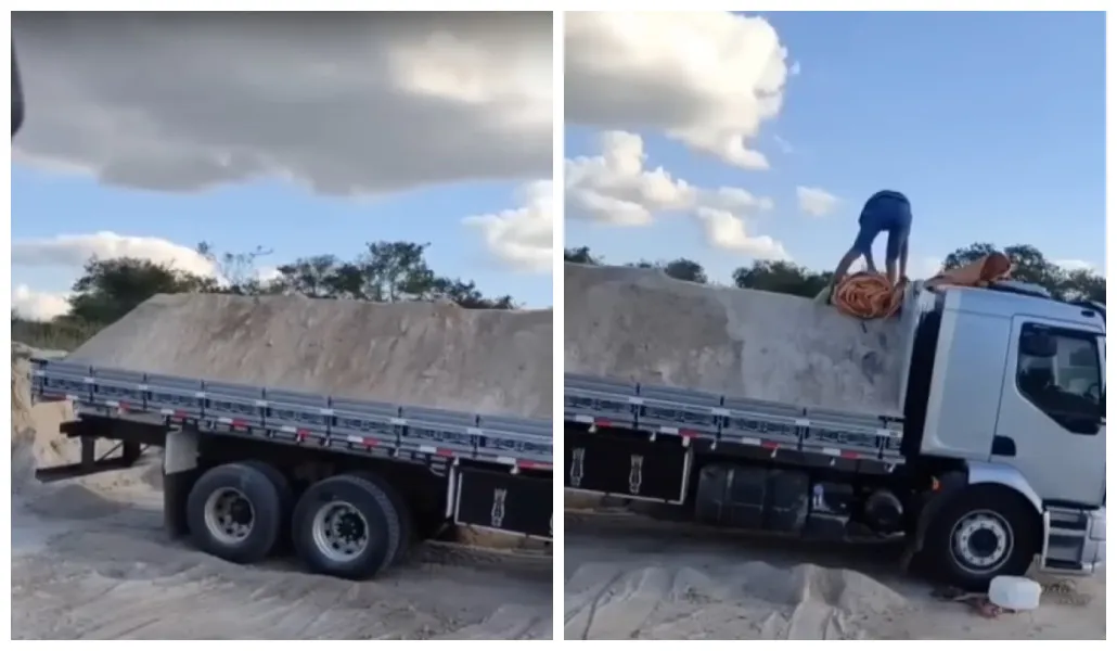 Um Motorista Viraliza Nas Redes Sociais Ao Usar A Carroceria De Sua Carreta Para Carregar Areia