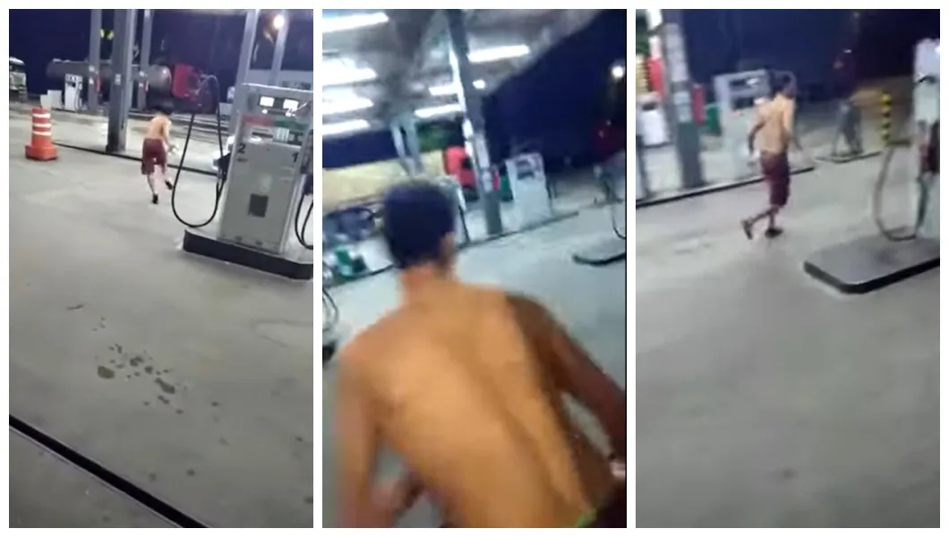 Vídeo mostra caminhoneiro completamente alucinado em posto de combustível