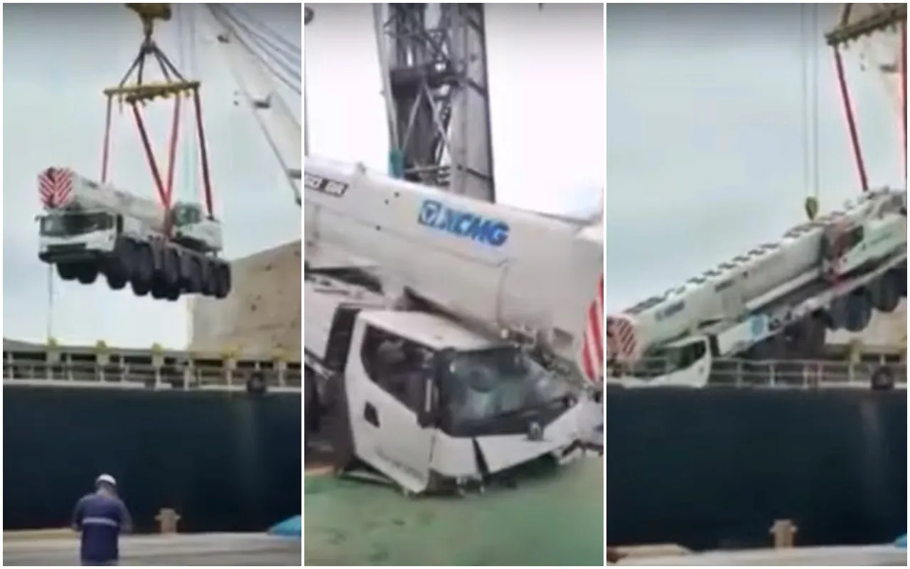Caminhão de 55 toneladas despenca ao ser erguido por guindaste