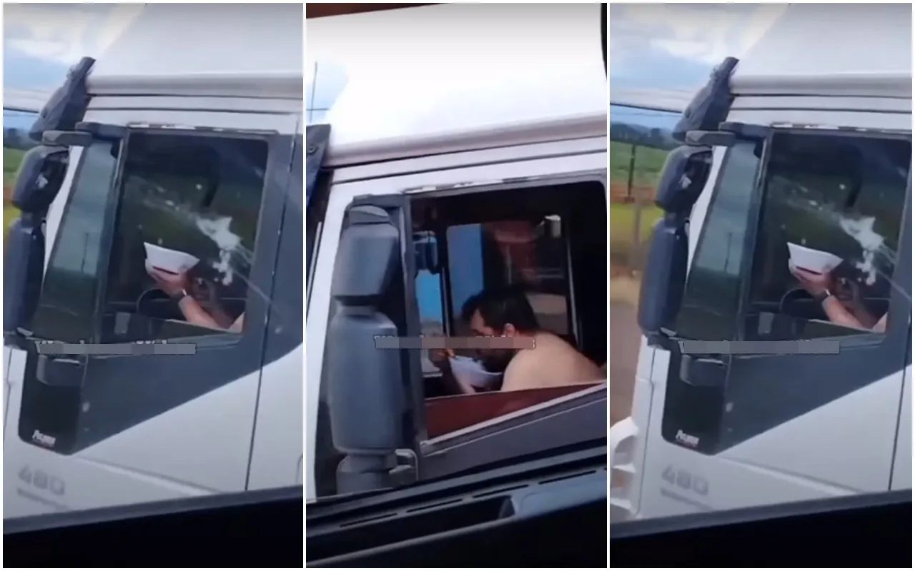 Caminhoneiro foi flagrado comendo enquanto dirigia