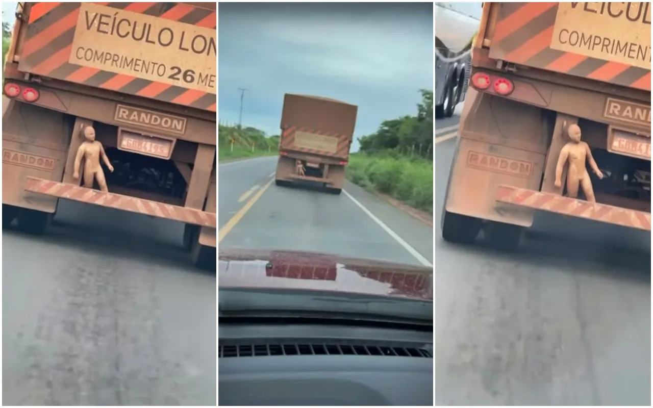 Boneco amarrado em carreta chama atenção na internet