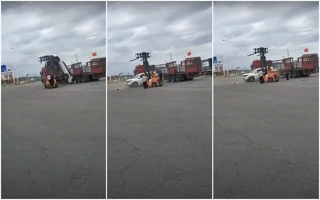 Carro cai da empilhadeira no momento do carregamento