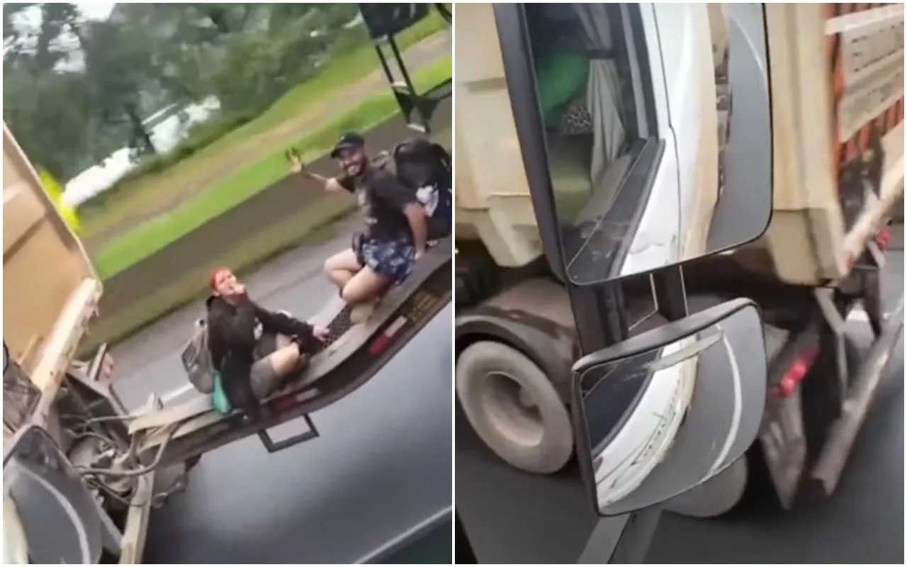 Caminhoneiro flagra casal pegando rabeira em carreta sem consentimento do motorista