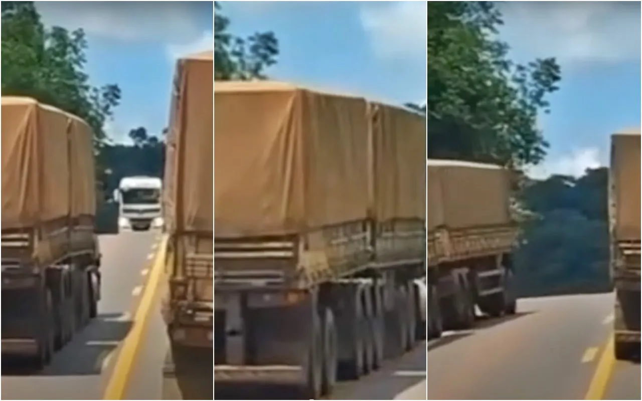 Caminhoneiro empurra colega para o acostamento em uma ultrapassagem perigosa