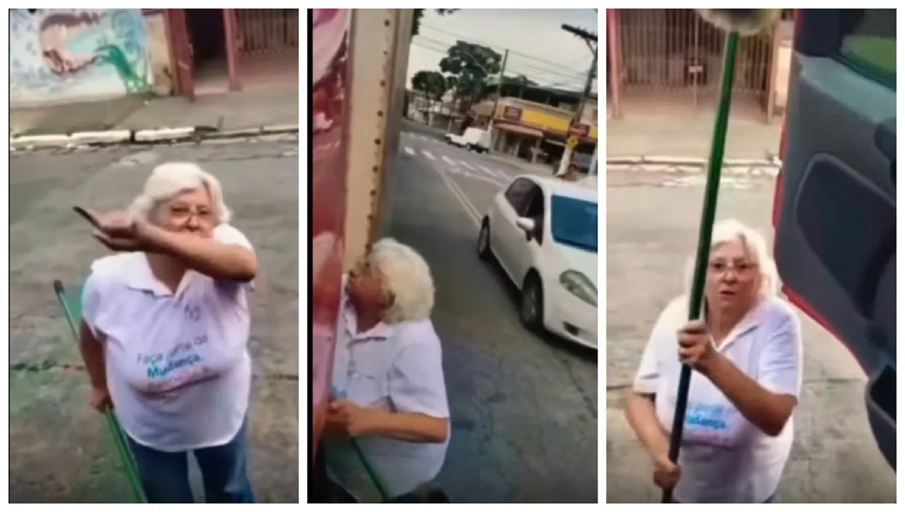 Idosa revoltada com barulho de caminhão dar vassourada em caminhoneiro