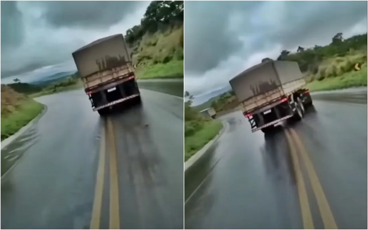 Carreta desliza e invade a faixa contrária na descida da serra, mas caminhoneiro consegue evitar o pior