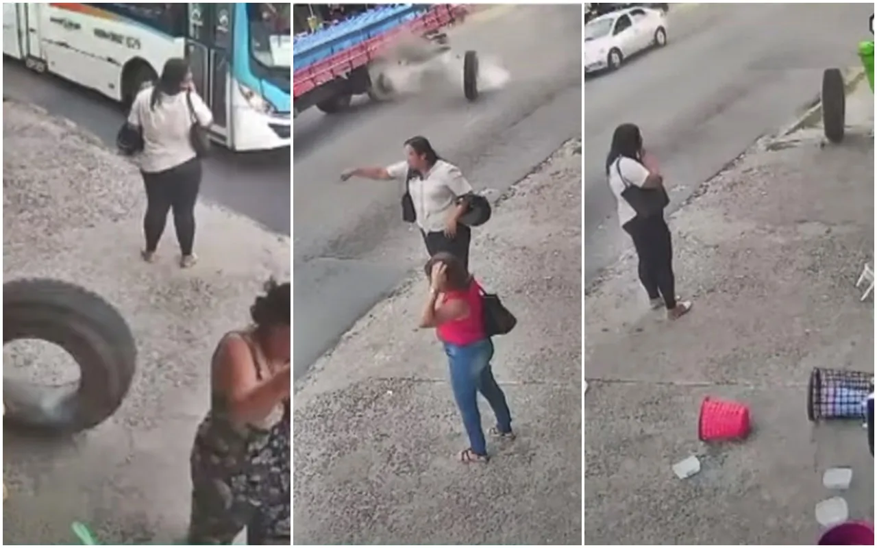 Mulher conta sua experiência de quase ser atingida por um pneu de caminhão em movimento