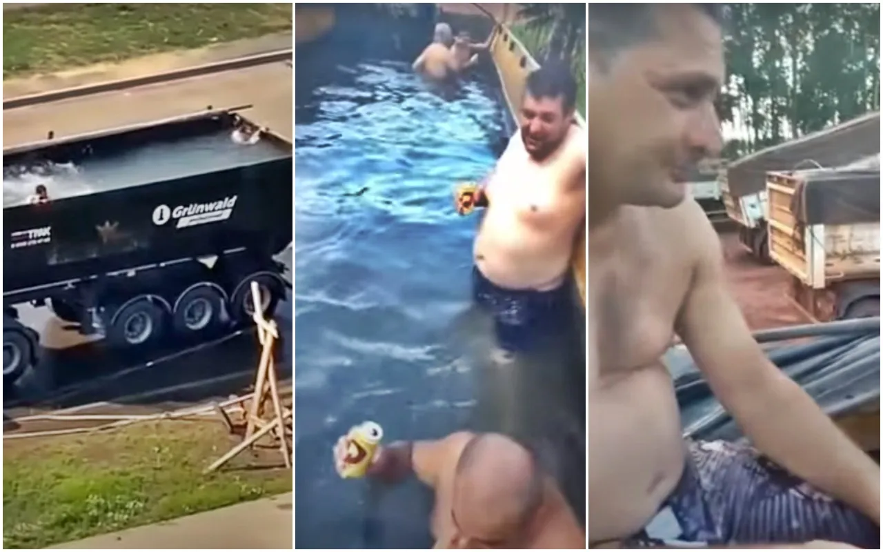 Video: Caminhoneiros são flagrados tomando banho em piscina improvisada.
