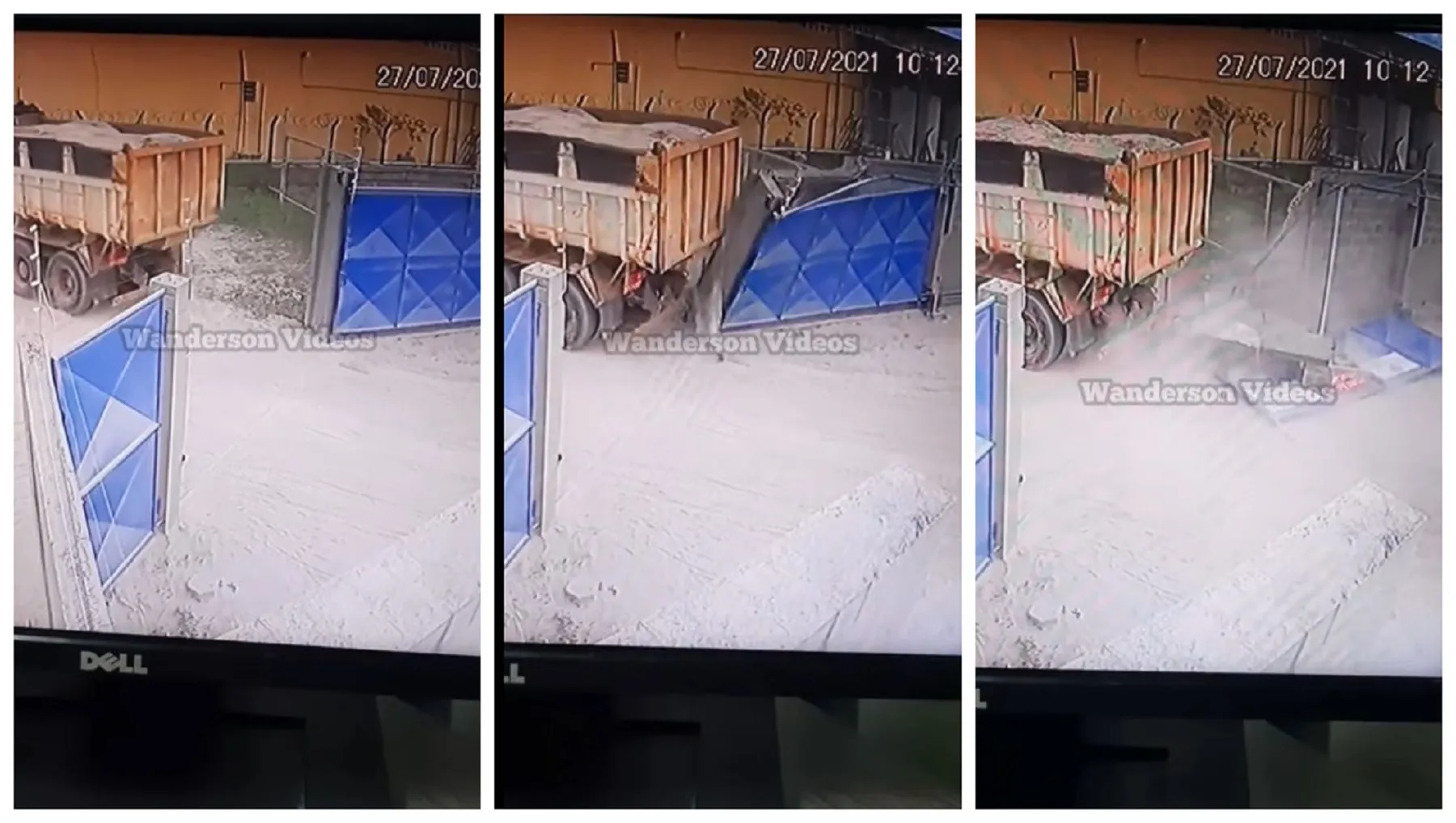 Caminhoneiro tenta entrar de ré em empresa e acaba derrubando o portão