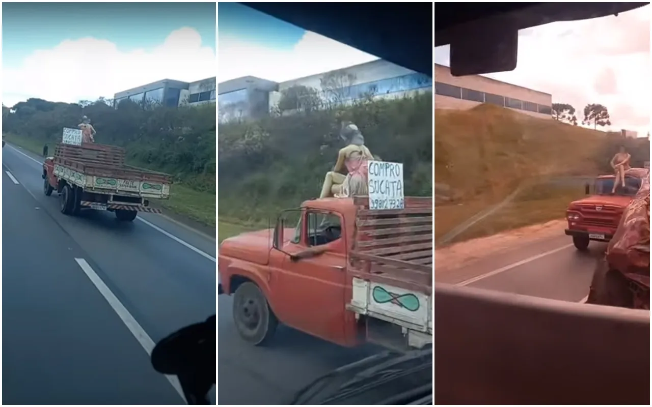 Motorista coloca manequim em cima do caminhão e chama atenção por onde passa
