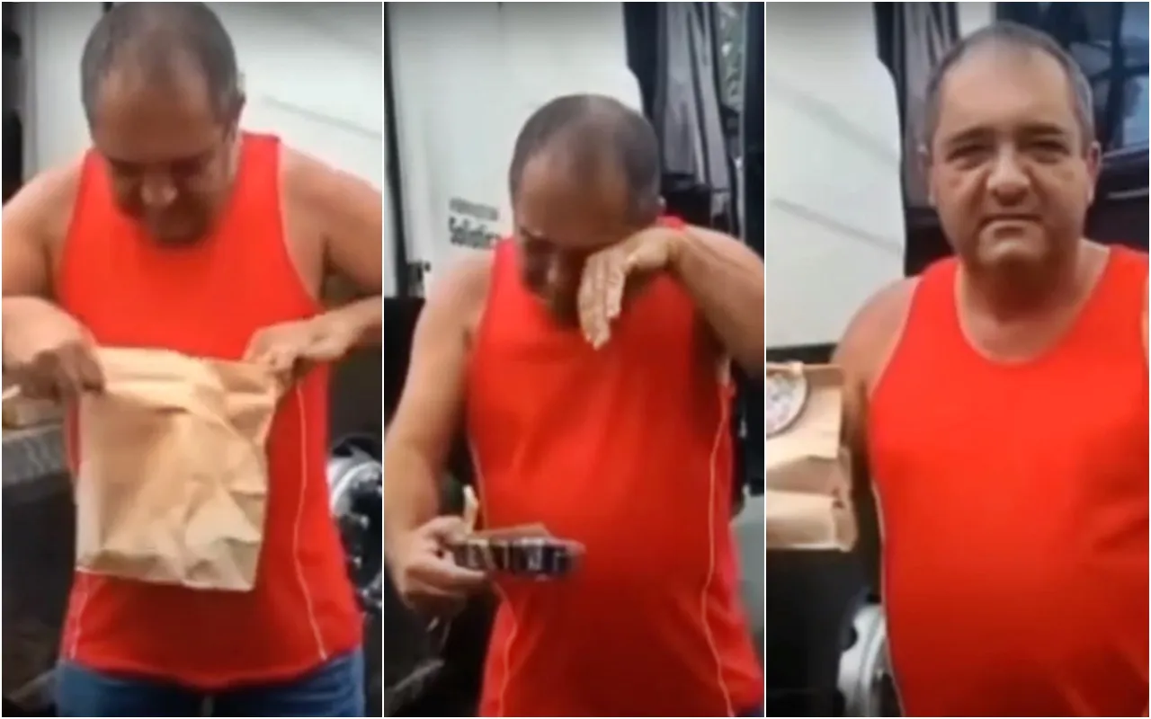 Caminhoneiro demonstra felicidade ao receber presente de Páscoa