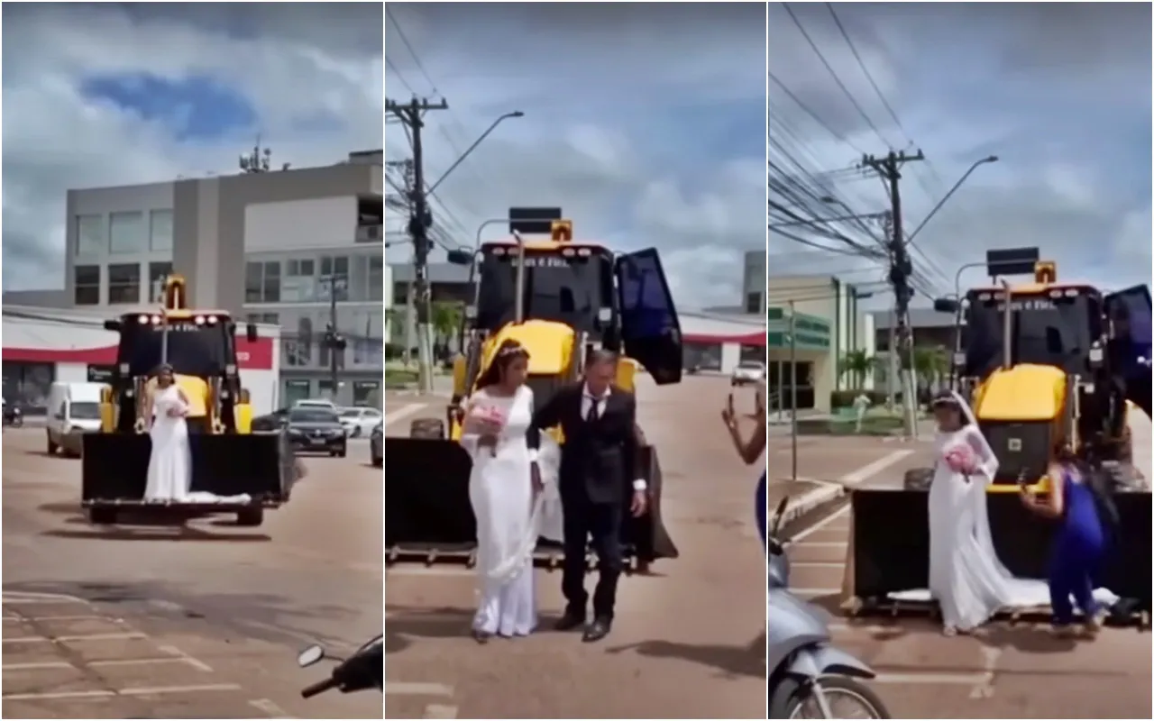 Noiva chega em retroescavadeira no seu casamento para homenagear membro da família