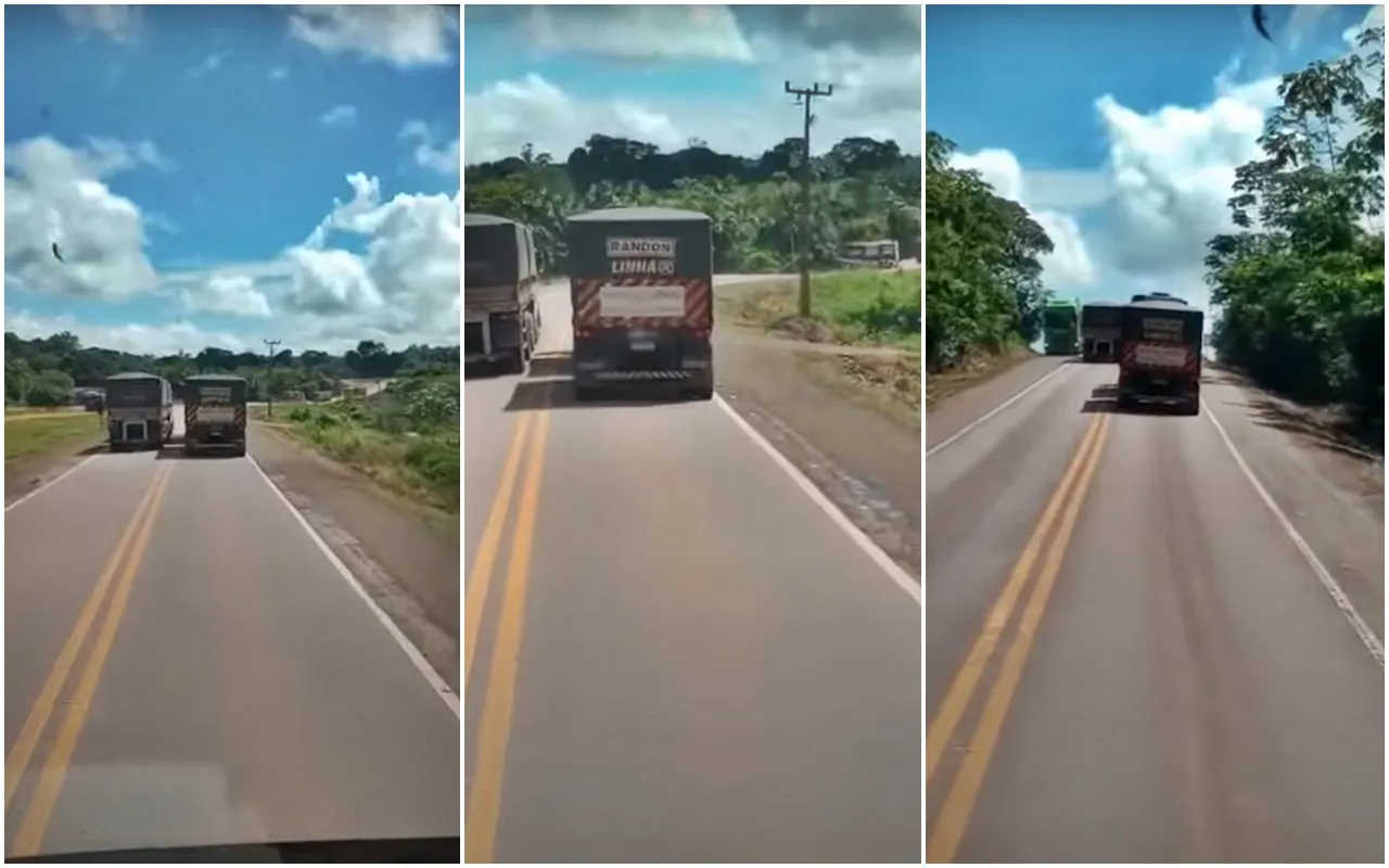 Vídeo: Caminhoneiro faz ultrapassagem irregular e quase provoca acidente envolvendo vários caminhões