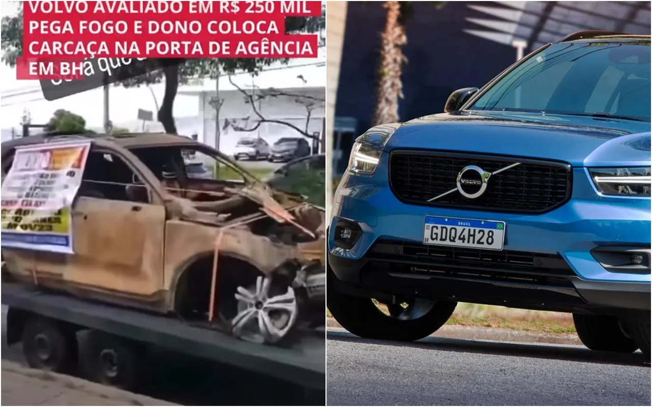 Volvo avaliado em R$ 250 mil pega fogo e dono coloca carcaça na porta de agência em BH