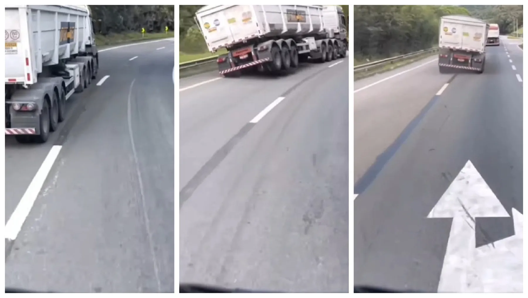 Caminhoneiro flagra carreta quase tombando em curva
