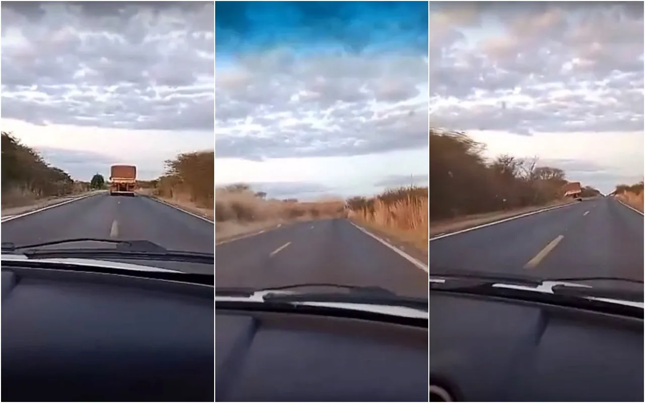 Caminhoneiro é flagrado perdendo o controle de sua carreta em uma rodovia