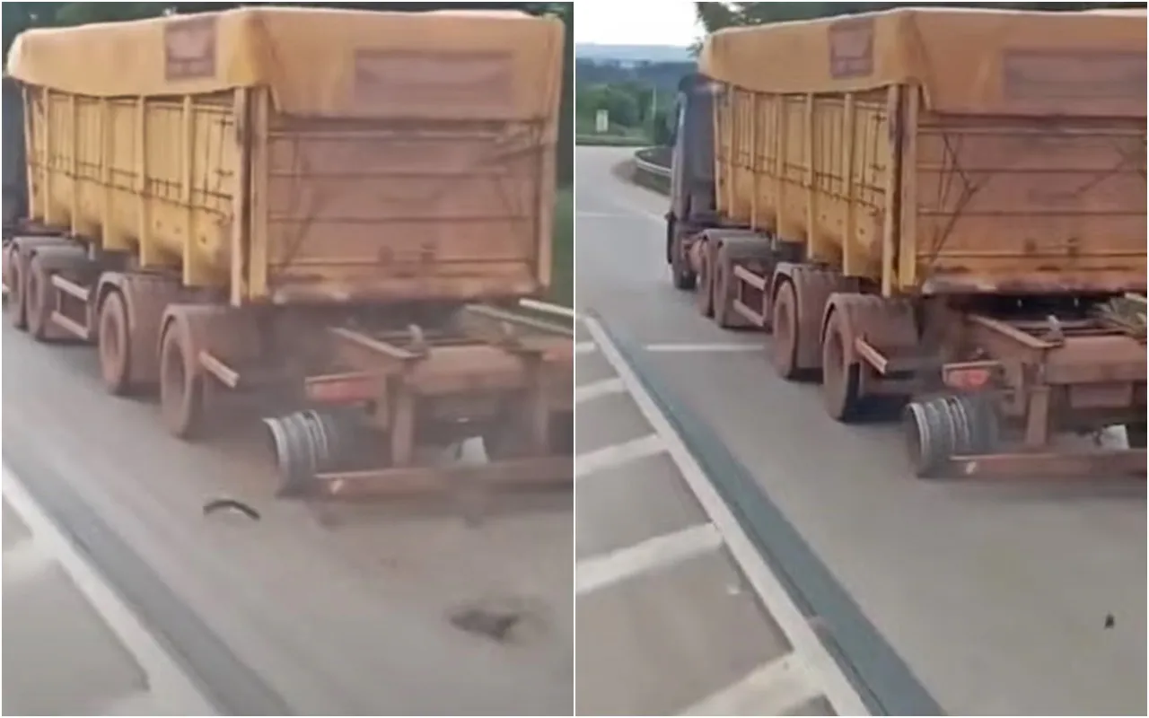 Caminhoneiro é flagrado rodando sem o pneu traseiro da carreta