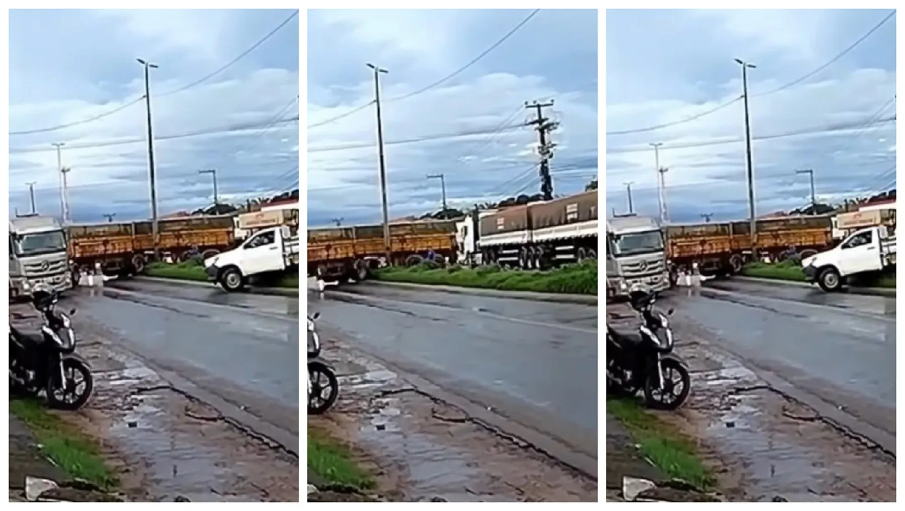 Caminhoneiro tenta realizar manobra e “trava” via com a carreta