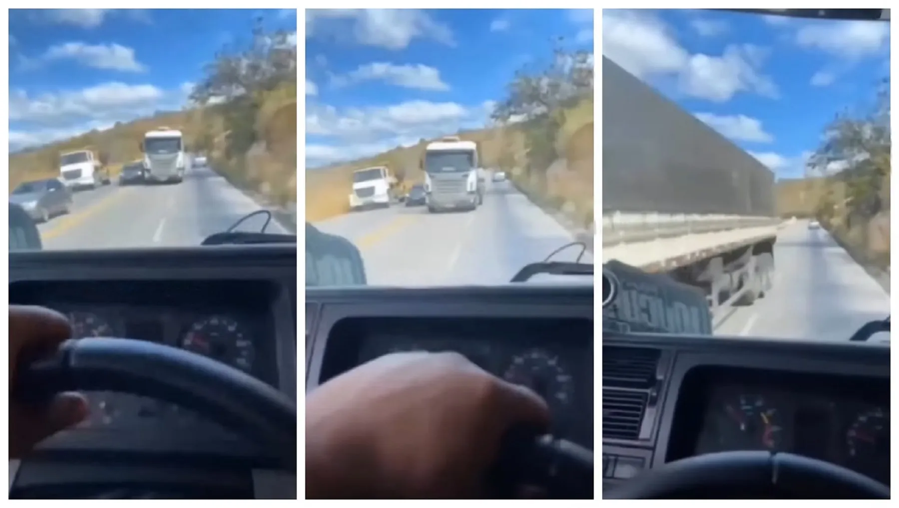 Caminhoneiro entra na pista contrária para fazer ultrapassagem e quase provoca um acidente