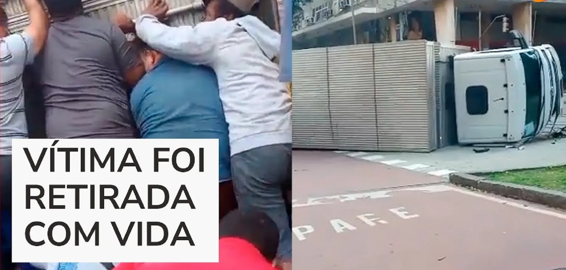 Caminhão tomba em cima de pedestre, populares se unem e erguem o veículo
