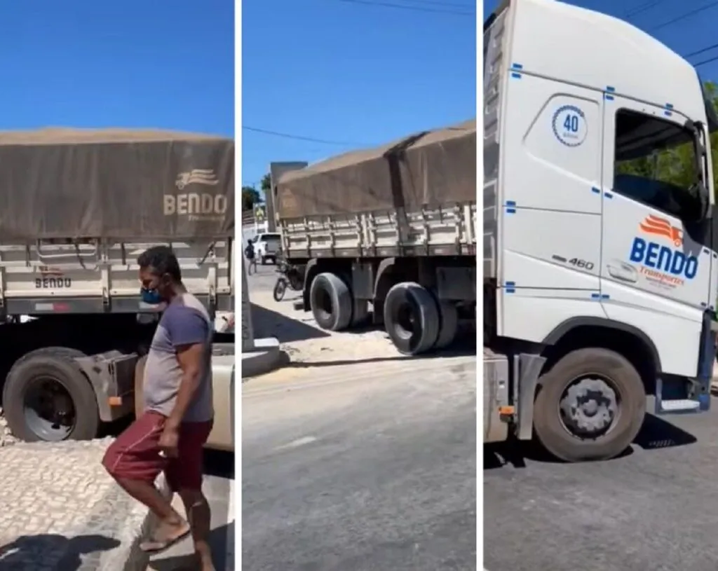 Caminhoneiro destrói canteiro central ao tentar manobrar carreta