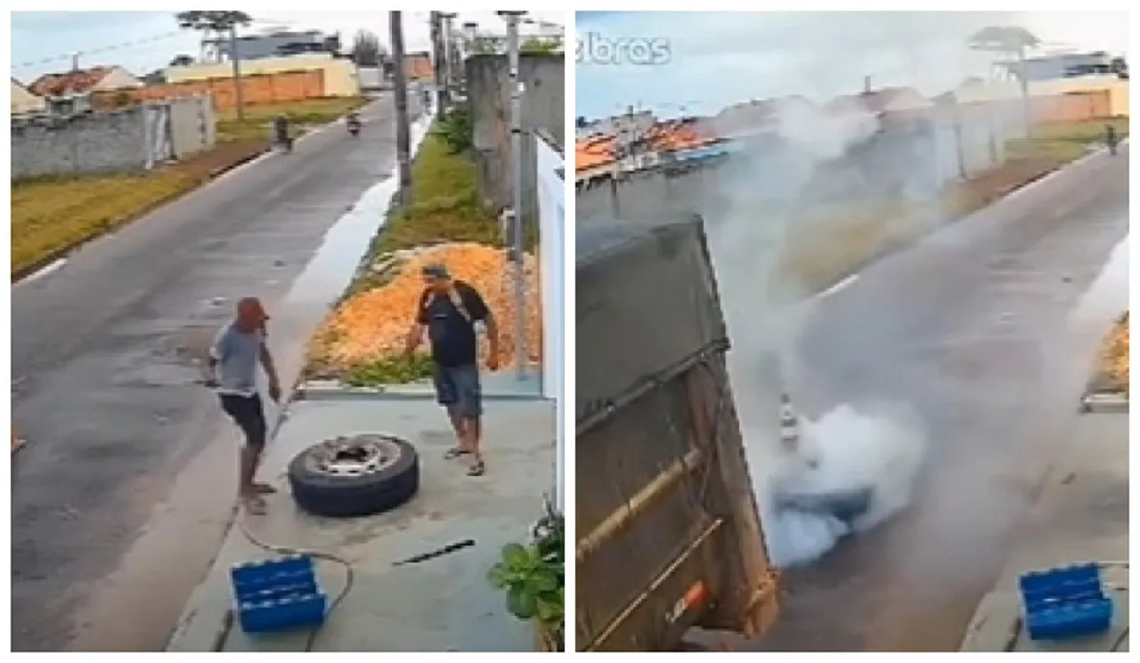 Após estouro, pneu de caminhão é arremessado para o alto e quase provoca acidente