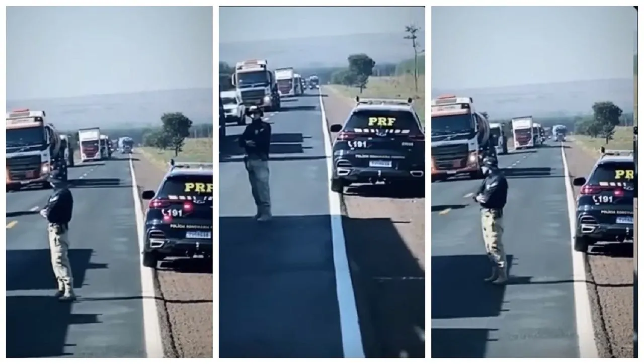 Caminhoneiro se depara com agente da PRF no meio da pista ao tentar ultrapassar
