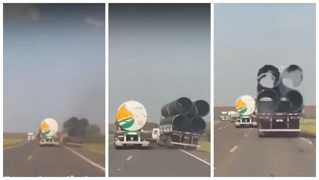 Carretas brigam em rodovia, lançando um veículo contra o outro