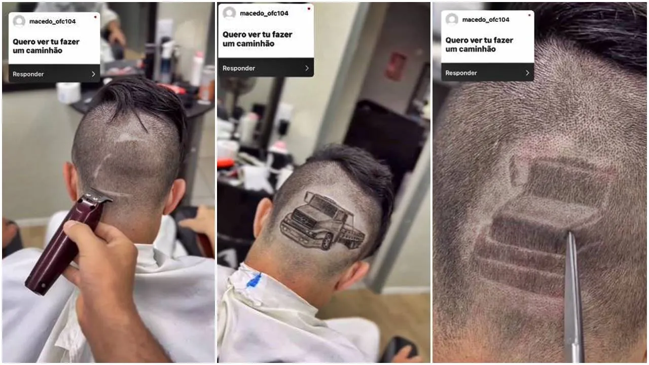 Barbeiro baiano faz sucesso nas redes sociais ao desenhar caminhão no cabelo de cliente
