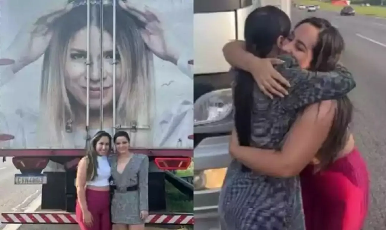 Cantora Maraísa para caminhão em rodovia com adesivo em homenagem a Marília Mendonça