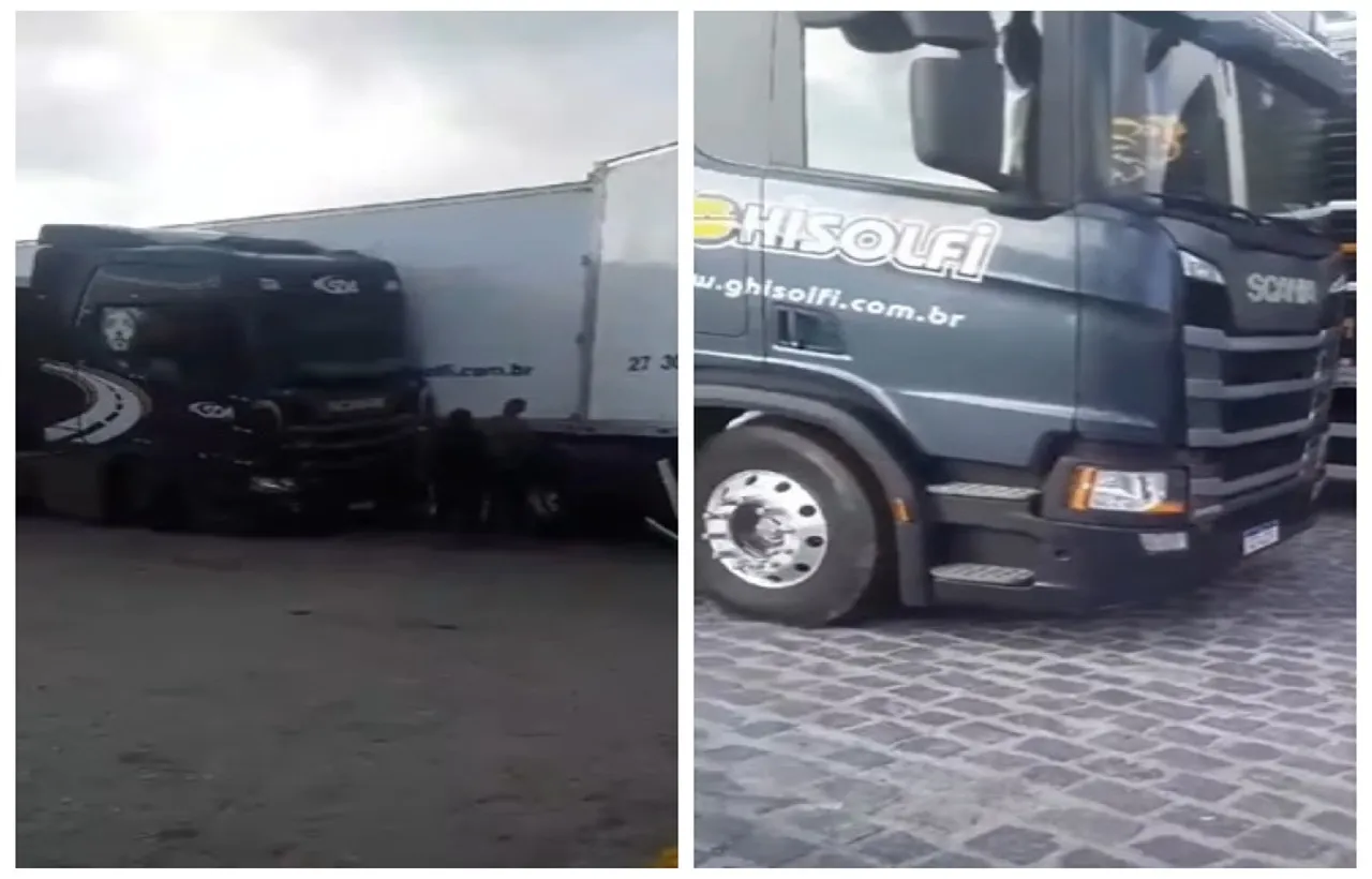 Duas carretas se envolveram em uma colisão em um pátio de estacionamento