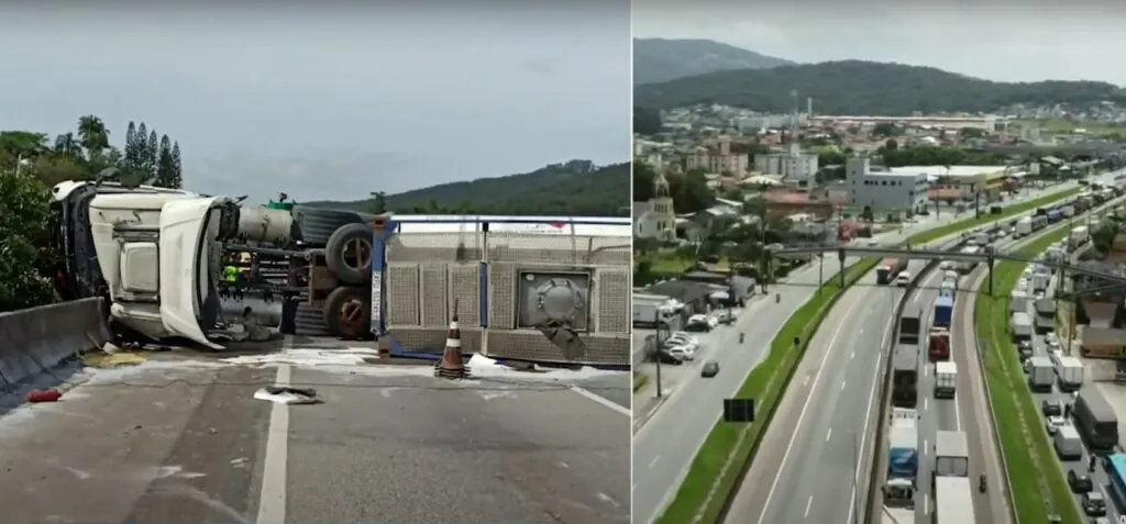 Tombamento de caminhão provoca interrupção no trânsito