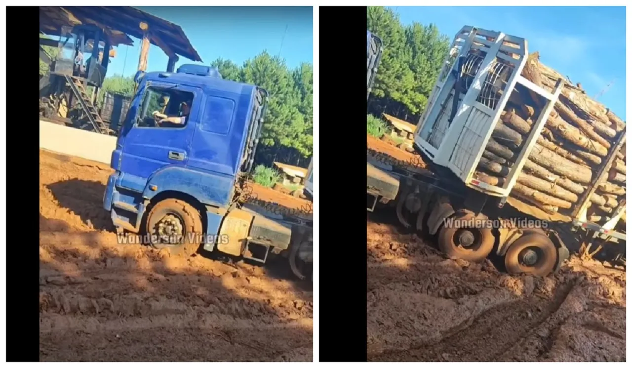Caminhão fica atolado em estrada sem nenhuma infraestrutura