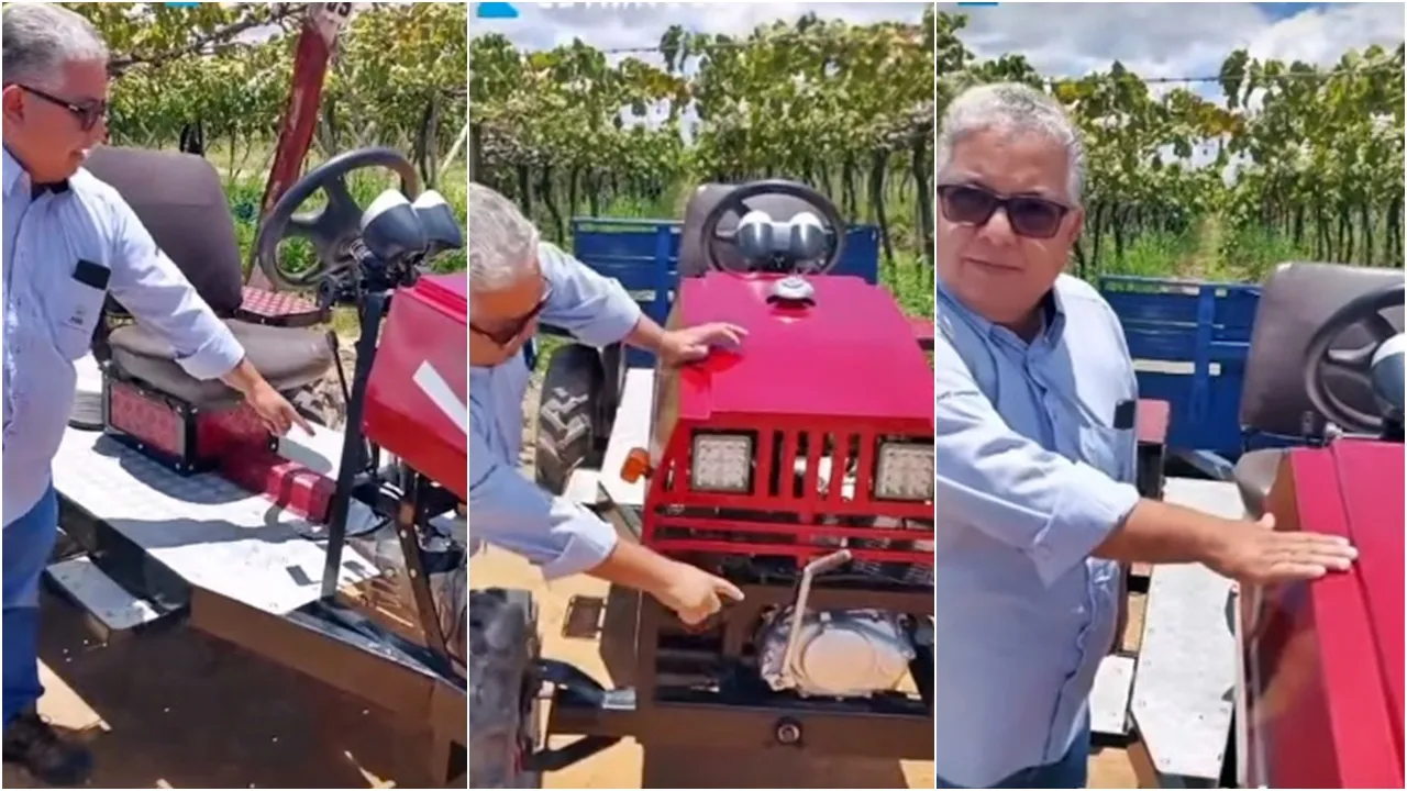 Agricultor constrói trator com peças de moto e chevette; video