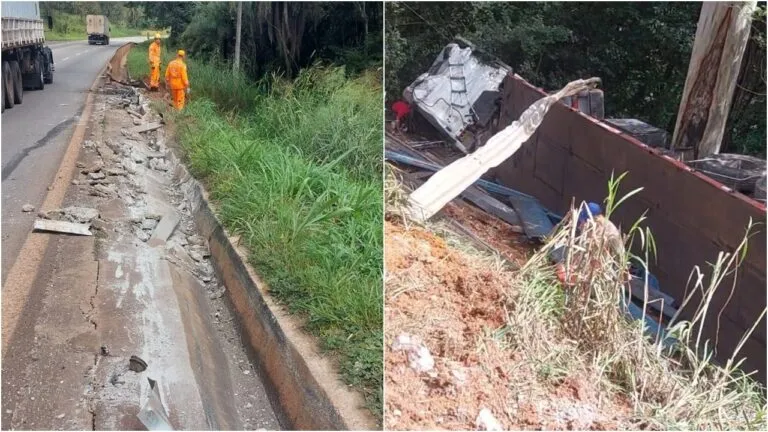Carreta despenca em ribanceira após ser fechada na MG-050 em Itaúna