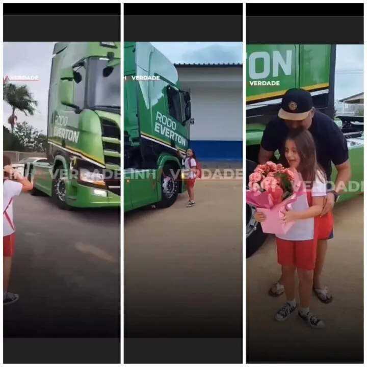Caminhoneiro fazendo surpresa para sua filha
