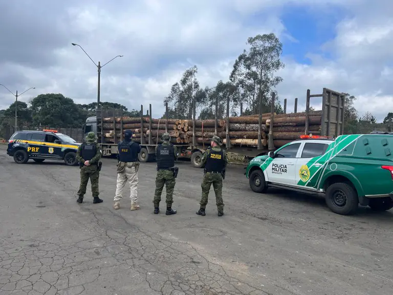 PRF e PM apreendem mais de 40 m³ de madeira de araucária sem documentação na BR‑277 em Guarapuava (PR)