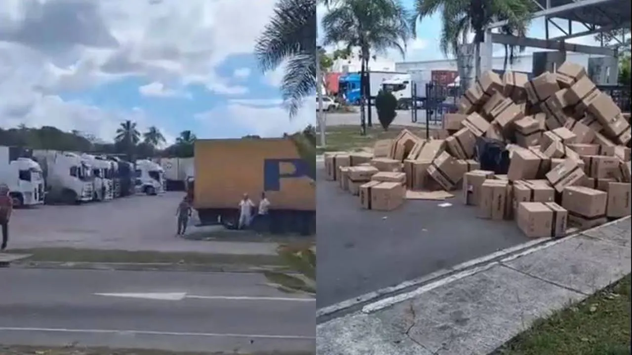 Mais um: Caminhoneiro se revolta e joga carga em frente ao CD das Casas Bahia
