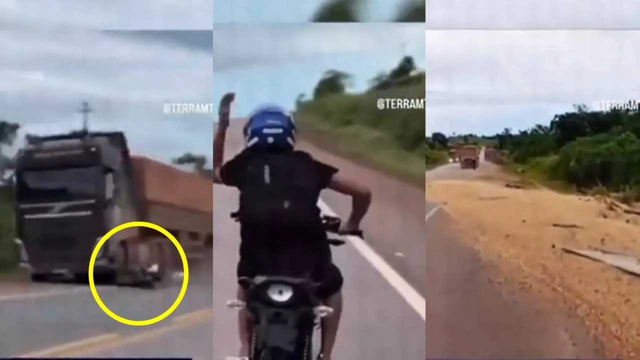 Motoboy fazendo “grau” causa acidente e carreta tomba após tentativa de desvio