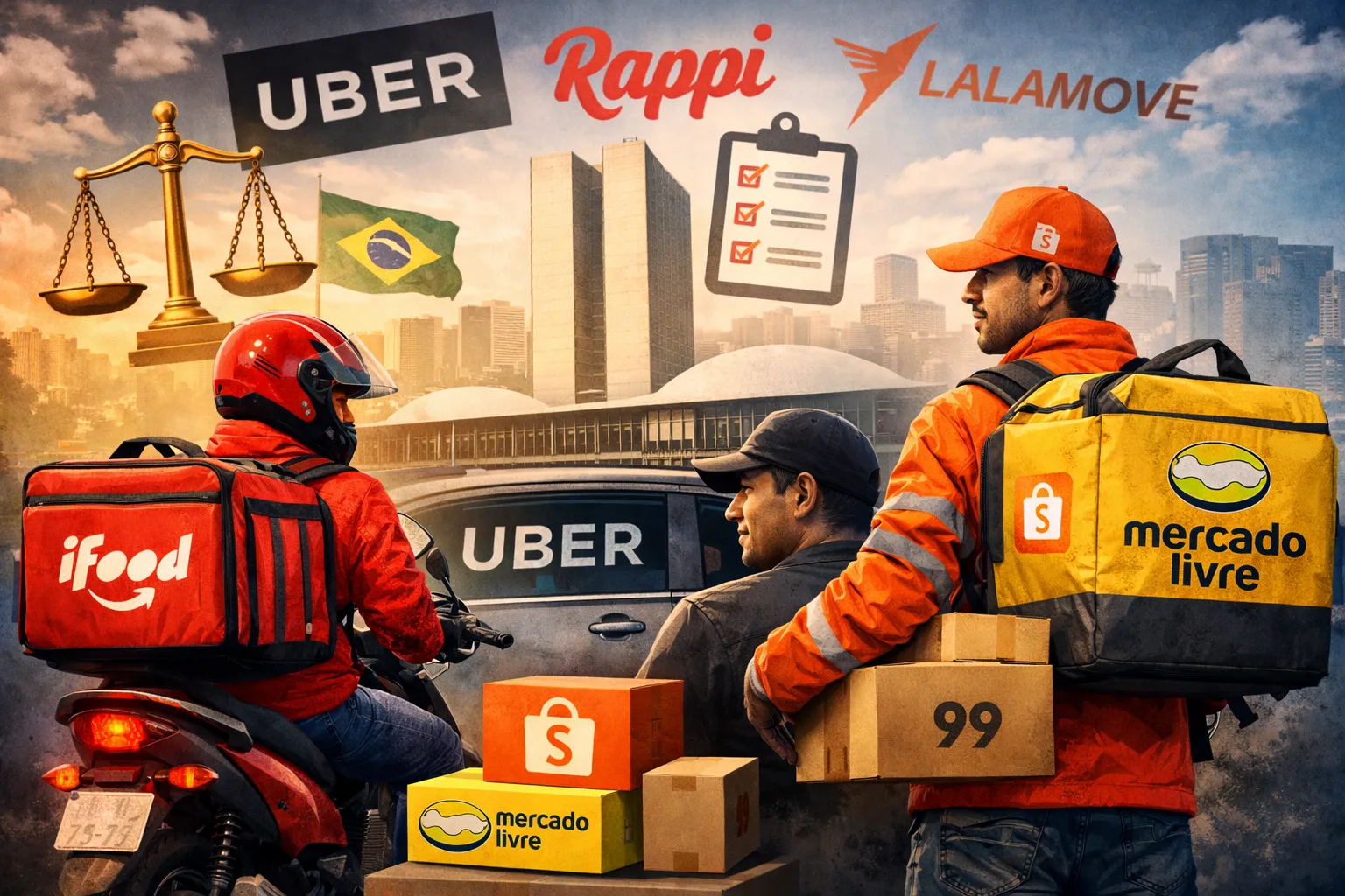 Regulamentação de entregadores pode atingir apps como Uber, iFood e também operações do Mercado Livre e Shopee