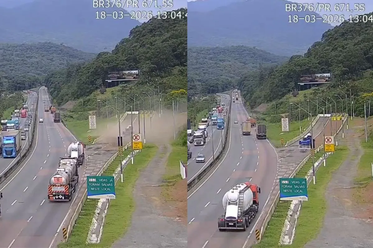 Caminhoneiro perde freio e manobra rápida evita acidente na BR-376