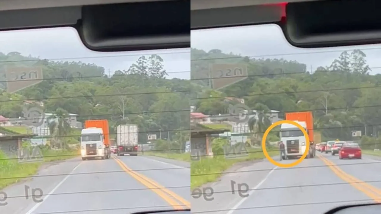 Cena inacreditável: caminhoneiro para caminhão no meio da BR para fazer xixi e trava trânsito