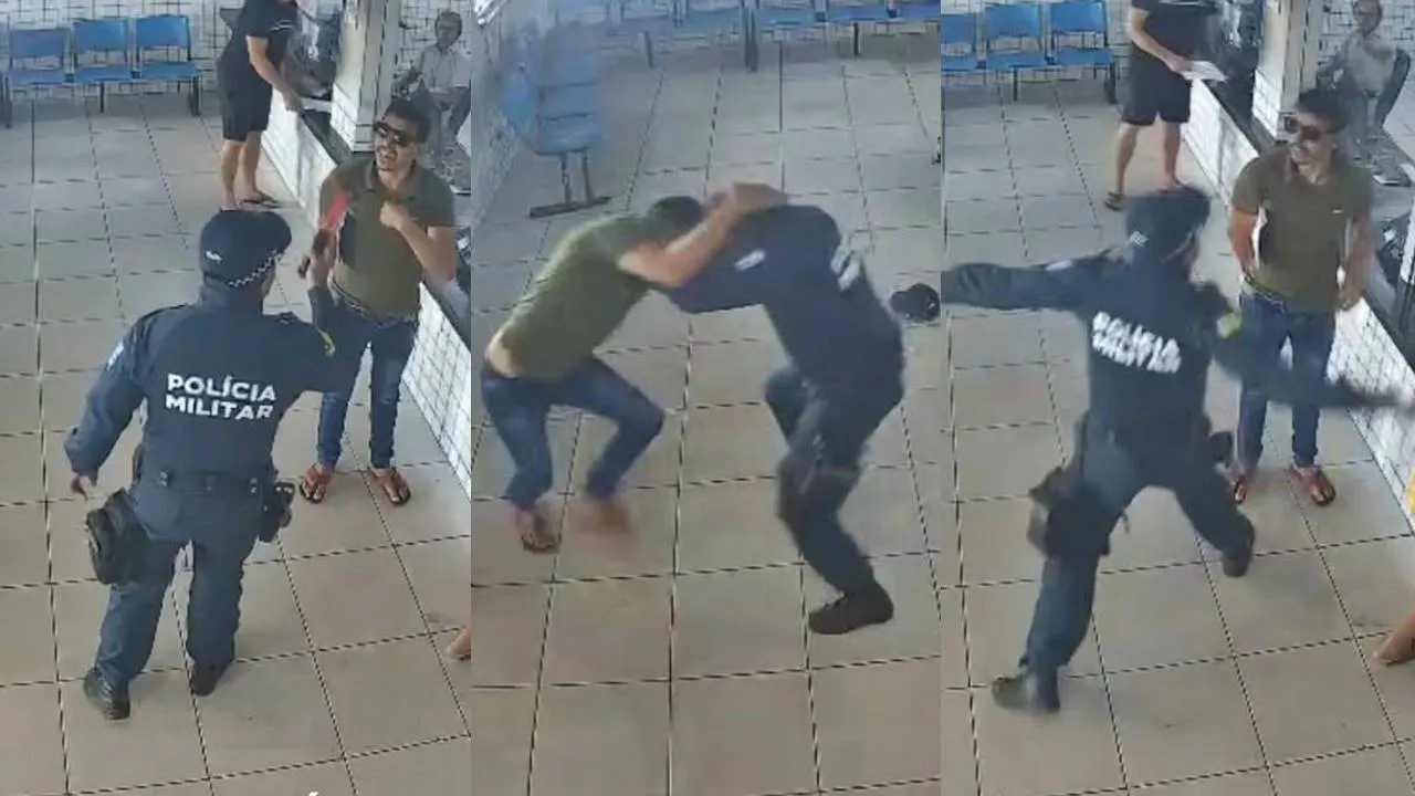 Policial e caminhoneiro brigando