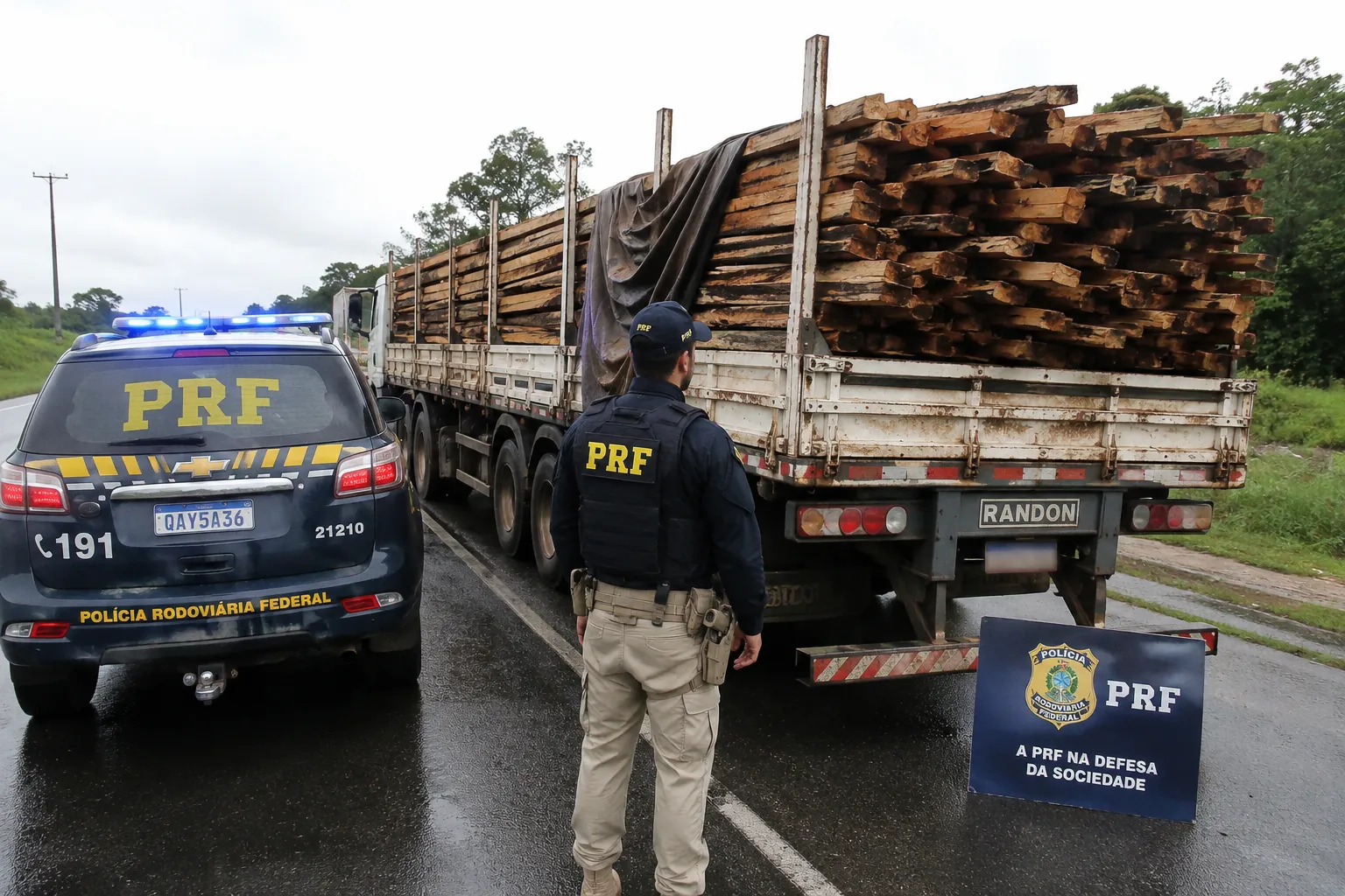 PRF apreende carreta com madeira irregular durante fiscalização na BR-230
