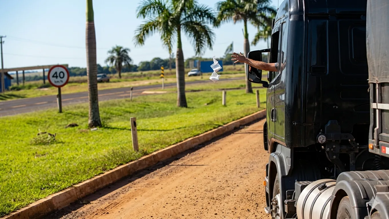 Câmera da PRF registra caminhoneiro jogando cocaína pela janela durante abordagem no Paraná