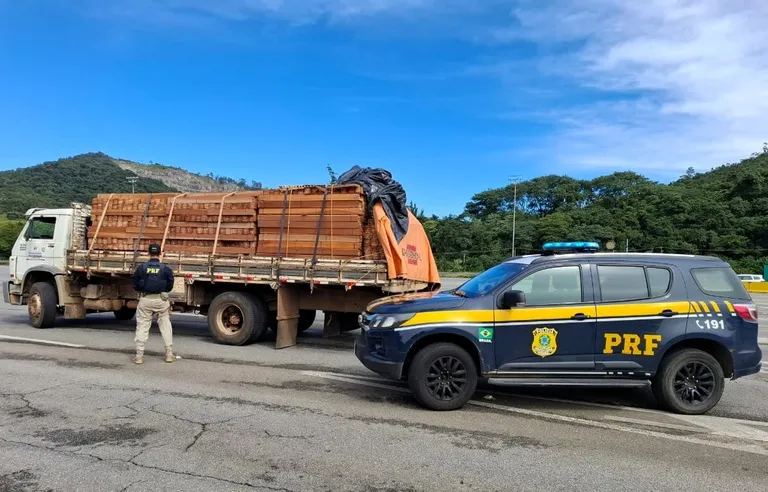 Caminhão com carga de madeira é parado na Fernão Dias após documento vencido