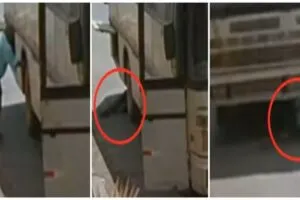 Motorista faz manutenção em roda e ônibus desce sozinho até bater em muro de igreja