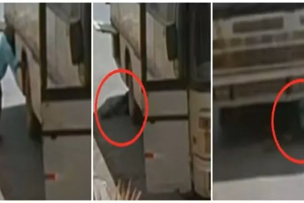 Motorista faz manutenção em roda e ônibus desce sozinho até bater em muro de igreja